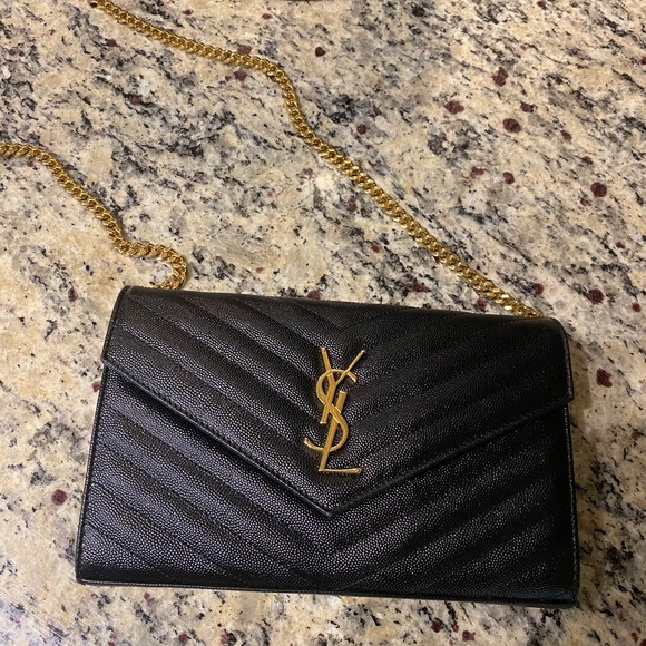 YSL Monogramme Wallet-on-Chain, Black and Gold - Picture 1 of 9